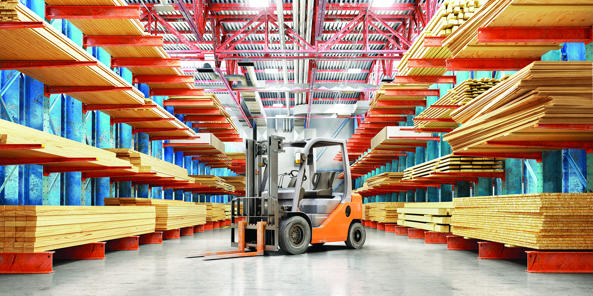 Warehouse with variety of timber for construction and repair. Delivery concept. 3d illustration